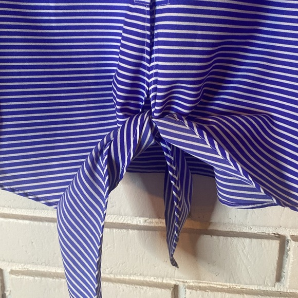 Talbots striped button front split neck blouse tie front - Picture 3 of 7